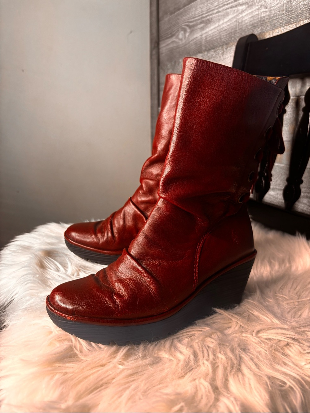 Fly London Yada Women's Red Leather Wedge Boots - Stylish Mid-Calf Comfort